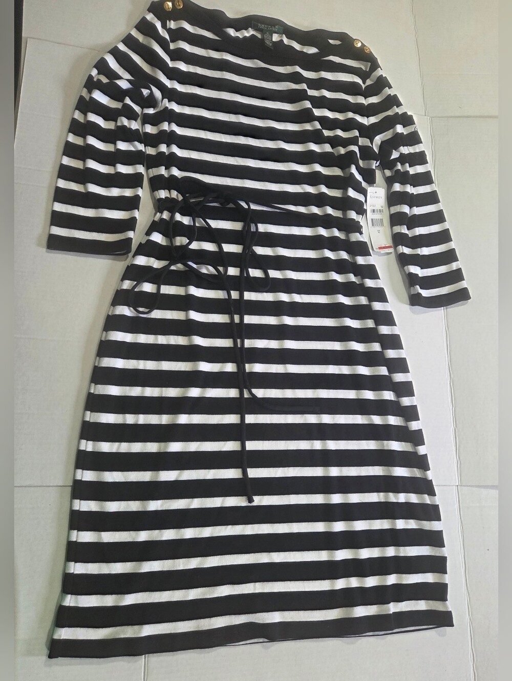 Ralph Lauren Black and White Striped 3/4 Sleeve Dress with Waist Tie